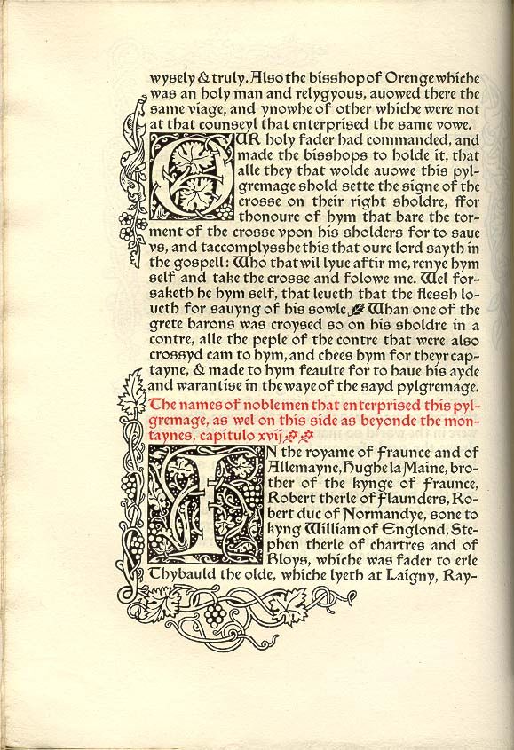 this is a page from a medieval manuscript, featuring an illuminated letter "i" at the beginning of a paragraph. the text is about the crusades and mentions a pilgrimage to the holy land. the letter "i" is surrounded by ornate floral designs, typical of medieval illuminated manuscripts.  the intricate designs and detailed text highlight the importance of this historical document.