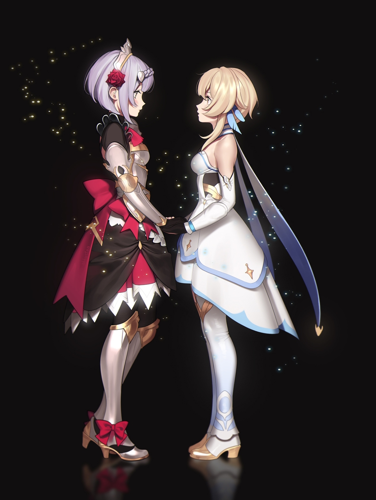 two female anime characters stand facing each other with their hands clasped in the middle. the background is plain black and both characters are softly lit, surrounded by shimmering sparkles. the character on the left has purple hair, is wearing an armored dress with red accents, and has a more serious expression. the character on the right has blonde hair, is wearing a flowing white and blue dress, and has a softer expression.  they are positioned slightly turned toward each other, creating a sense of intimacy.