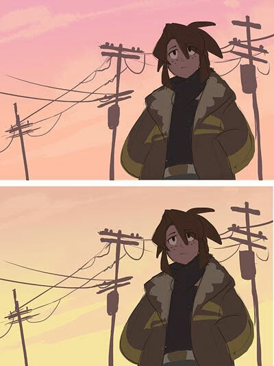 this image is a digital art piece of an anime character in front of a city landscape during sunset. the character is a female, with long brown hair, wearing a brown jacket and a black sweater. she is looking to the side. the background is made up of power lines, electricity poles, and a colorful sunset sky. the overall color scheme is a dark palette of brown and purple.