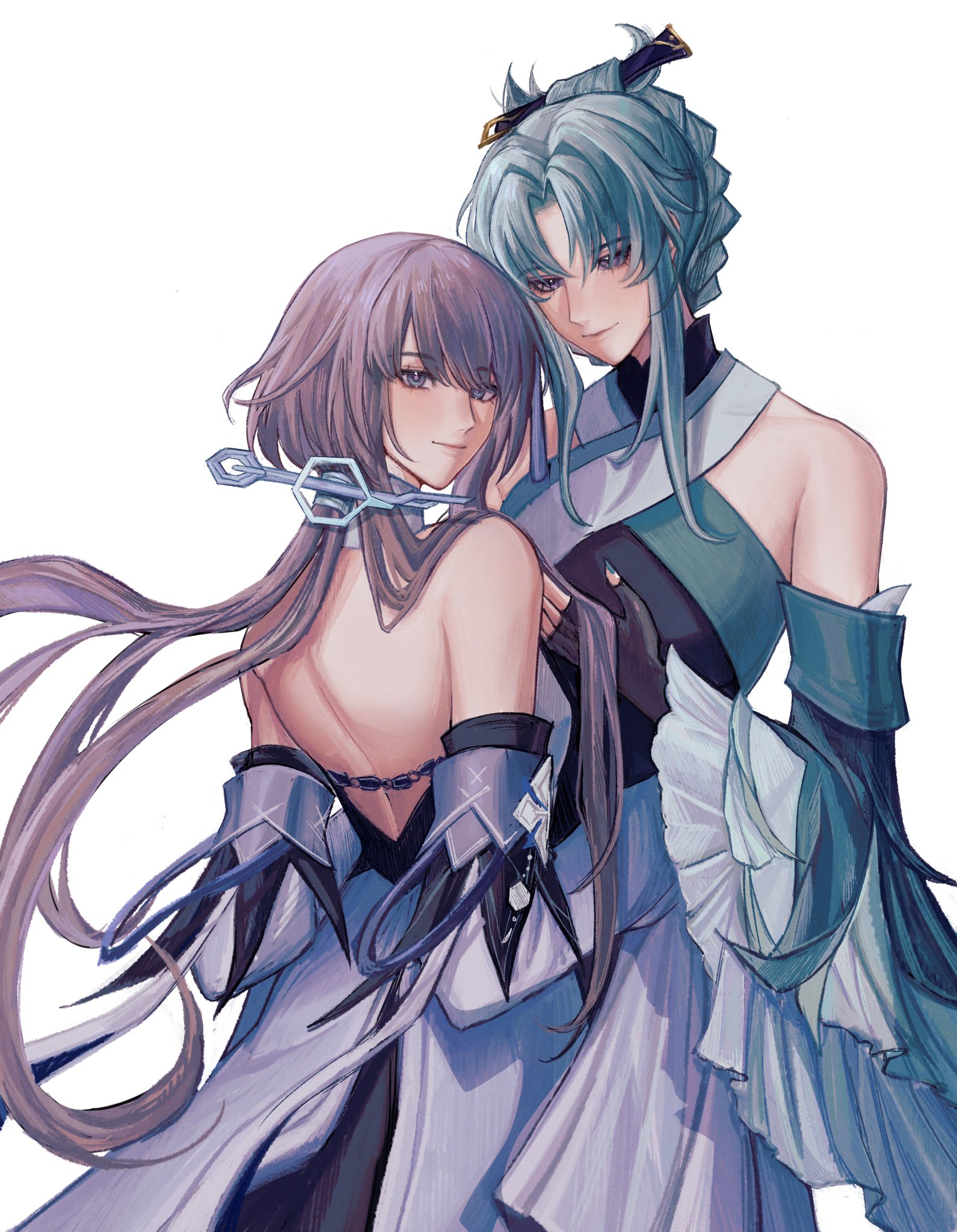 two anime girls with long hair, one with purple hair and a white dress, and one with blue hair and a green and white dress, are hugging each other and smiling, looking at each other. they are both very beautiful and have happy expressions. the artwork is very detailed and welldone, and the colors are vibrant and eyecatching. the overall feeling of the image is one of love and happiness.