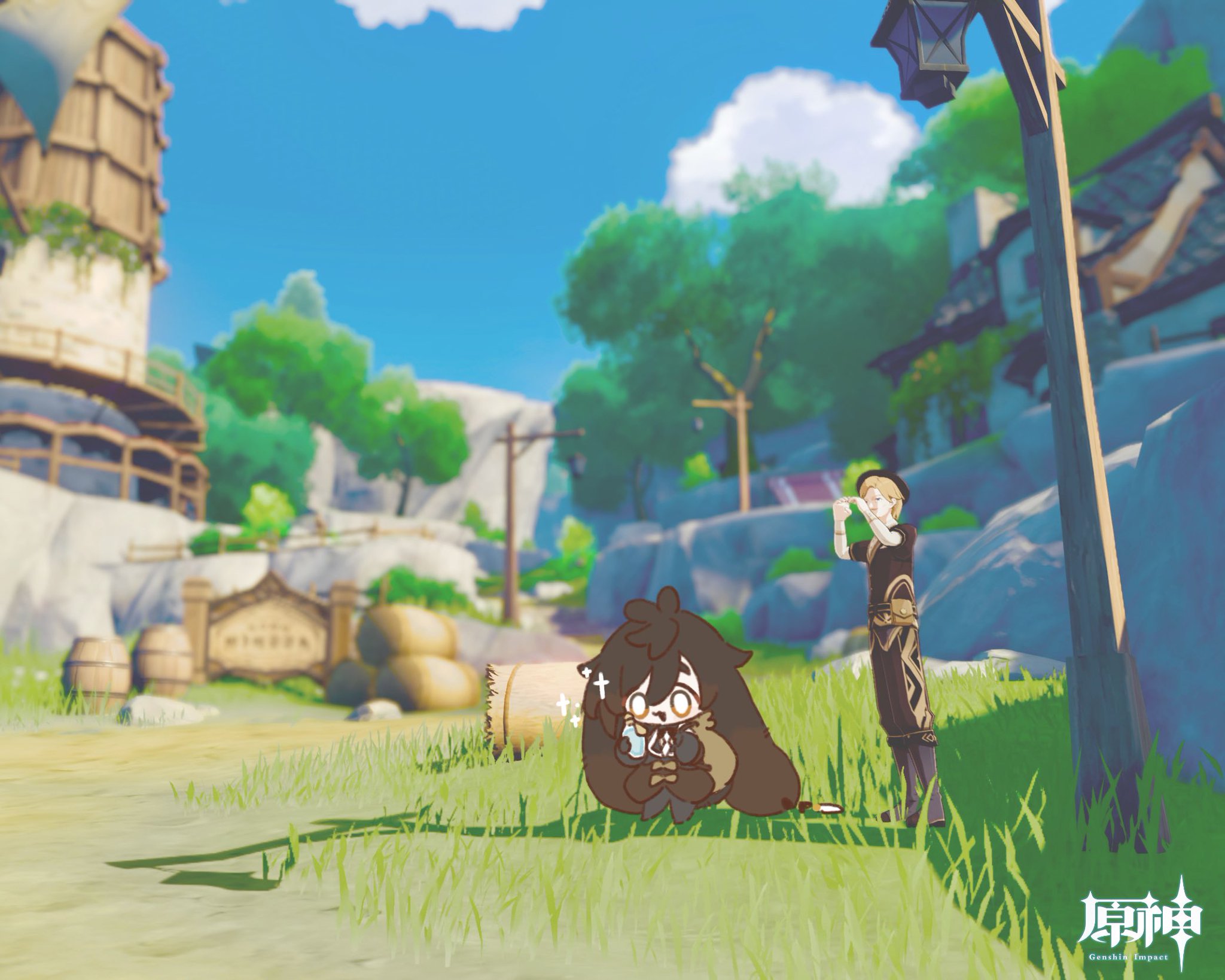 a digital fanart depicting two chibistyle characters from the video game genshin impact.  one character resembles collei, small and fluffyhaired, and the other appears to be the traveler.  they are situated in a idyllic, brightly lit village setting from the game.  the environment is lush and green, with wooden buildings and a dirt path.  a lamppost stands prominently in the background. the overall style is cute and peaceful.  the "genshin impact" logo is visible in the lower right corner.