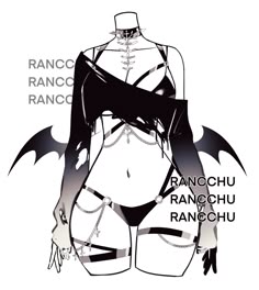 the image depicts a stylized anime character, a woman, in a gothic and edgy outfit. she has long black hair with two long, flowing black wings. she is wearing a black leather jacket over a black bra and panty set with intricate chains and garter belts as accessories. her face is not visible. she has a mysterious and alluring demeanor.