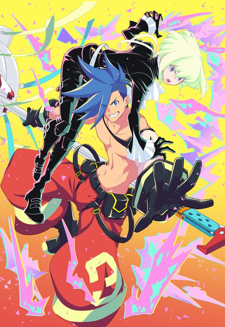 the image is a vibrant and dynamic promotional artwork, likely a poster, for the anime film promare. it features the two main characters, galo thymos and lio fotia, in a dynamic action pose. galo, with his signature blue hair and red firefighter uniform, is positioned prominently in the foreground, holding a large weapon. lio, with her pale skin and light blonde hair, is perched on galo's back, clad in dark clothing.  the background is a chaotic mix of bright yellow, pink, and teal, stylized shapes that enhance the energetic and fastpaced feel of the scene. the overall style is characteristic of studio trigger's distinctive animation style, known for its highly saturated colors and frenetic movement.