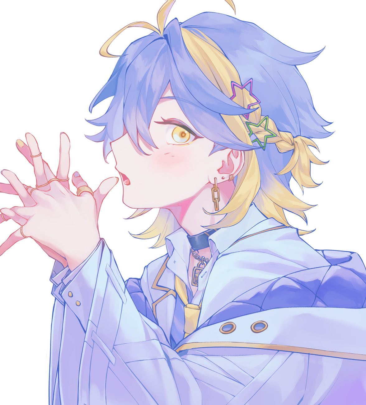 the image is a digital drawing of an animestyle boy. he has purple and yellow hair, styled in a way that shows some strands are braided. he has on a pale purple collared shirt and jacket. he's wearing multiple rings and earrings, and a necklace with a lock pendant. his eyes are a light yellow, and his cheeks are lightly blushed. he's shown from the chest up, and he's holding his hands up, as if making a gesture. the style is very soft and pastel.