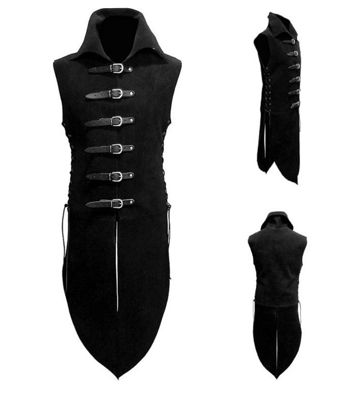 the image shows a black gothicstyle men's vest with a tailcoat design. the vest has a high collar and is sleeveless. it features buckle closures down the front and laceup detailing on the sides. the back of the vest extends into a tailcoat shape.