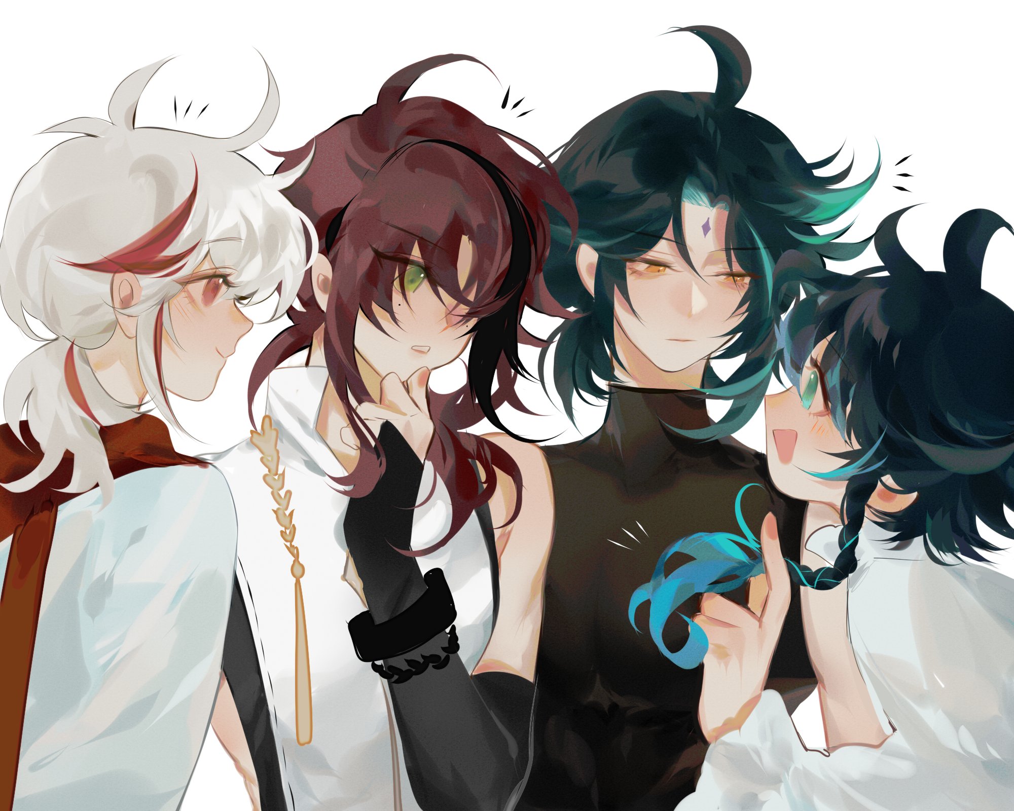 he image is a digital painting of four animestyle girls, possibly fanart of genshin impact characters. they are close together, exhibiting a sense of friendship and affection. each girl has distinct, colorful hair and stylish clothing. the art style is painterly and expressive, with soft shading and vibrant colors.  the overall mood is happy and playful.