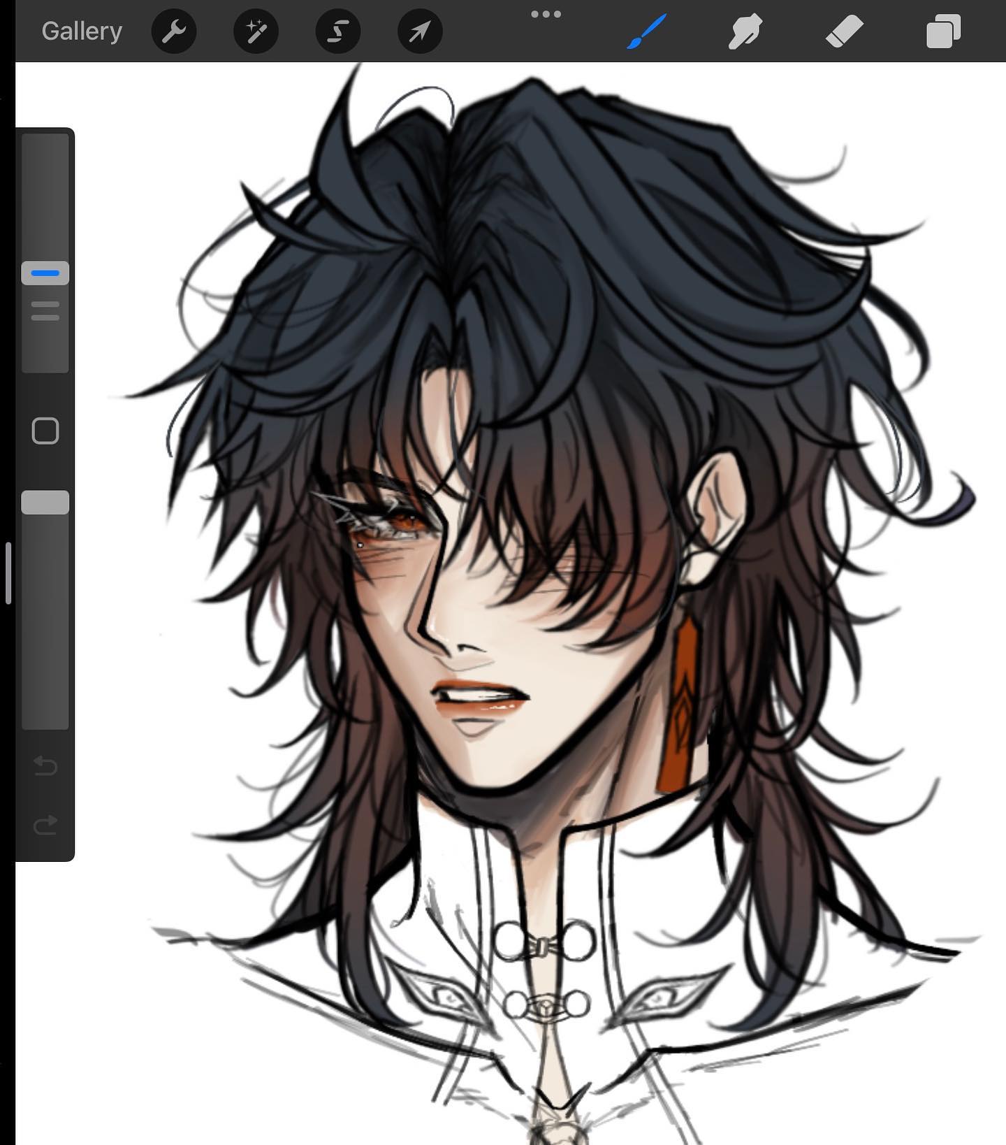 the image shows a digital drawing of an animestyle male character. he has long, dark hair with hints of auburn, expressive eyes with tears, and a slightly blushing face.  he is wearing an elegant, highcollared garment with buttons. the style is detailed, with a focus on shading and linework, suggesting it's a work in progress. the artwork is shown on a procreatestyle interface, indicating it's a digital painting created on an ipad or similar device.