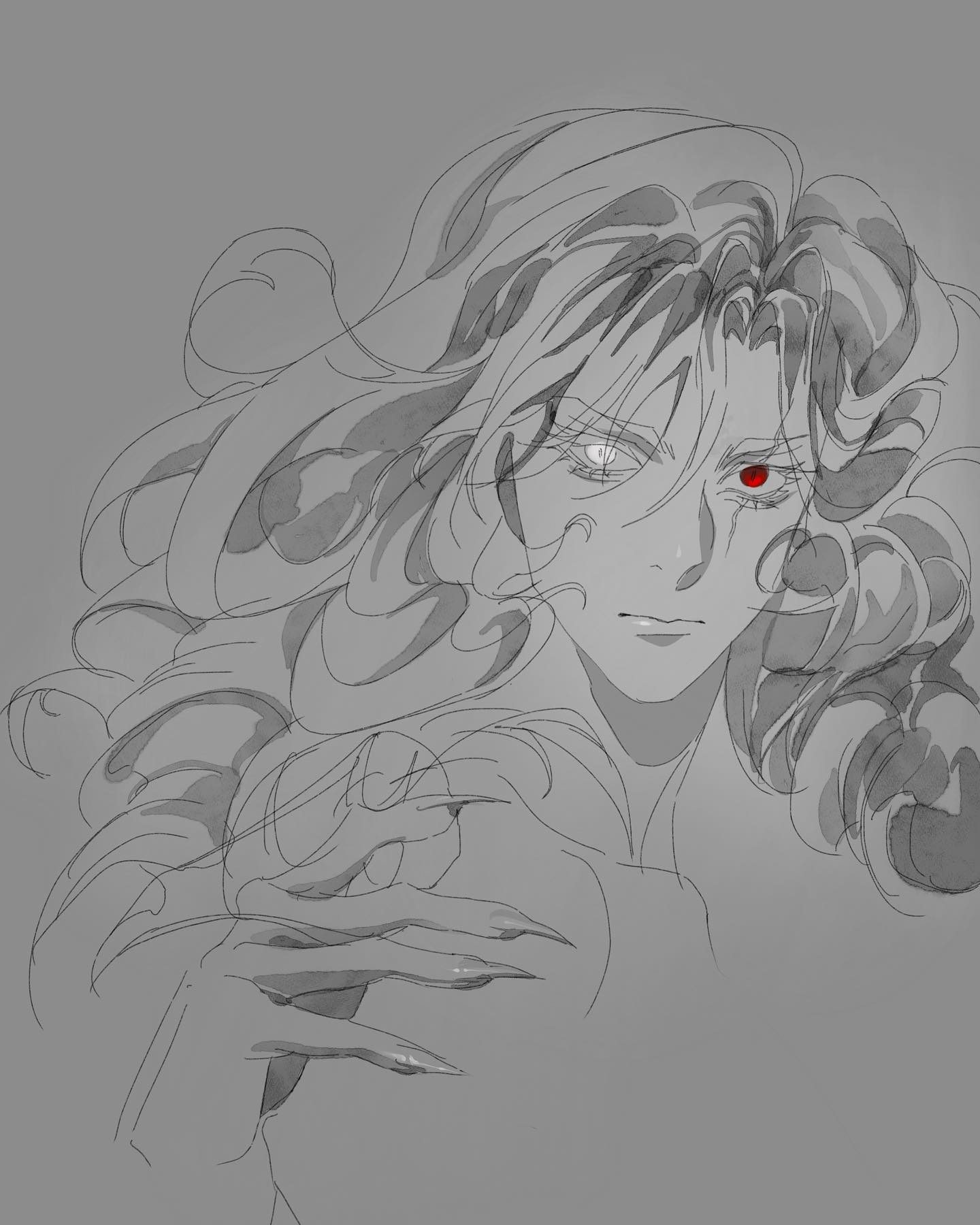 the image is a stylized, grayscale drawing of a male character with long, flowing hair. he has sharp, pointed nails and a piercing gaze. his left eye is a vibrant red, while his right eye is white. the style is reminiscent of anime or manga. the overall impression is one of otherworldly beauty and a hint of danger.