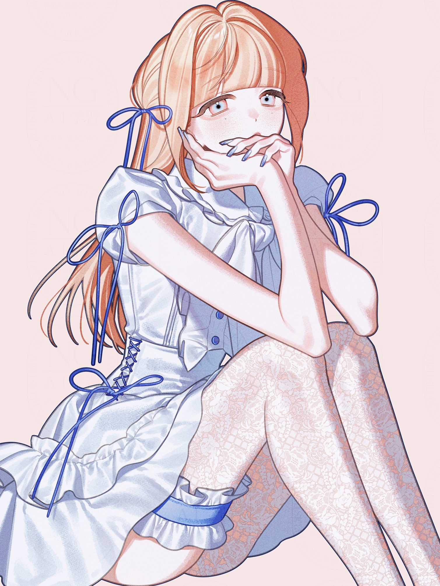 the image is a digital illustration of a young animestyle girl. she has long blonde hair styled with side swept bangs and small blue bows. she is wearing a light blue, frilly dress with a corsetlike bodice and matching blue ribbon accents.  her stockings are white with a delicate lace pattern. the girl is sitting with her hands near her face, appearing shy or happy and slightly blushing. the overall style is cute and pasteltoned, with a focus on soft lines and delicate details. the background is a plain, light pink.