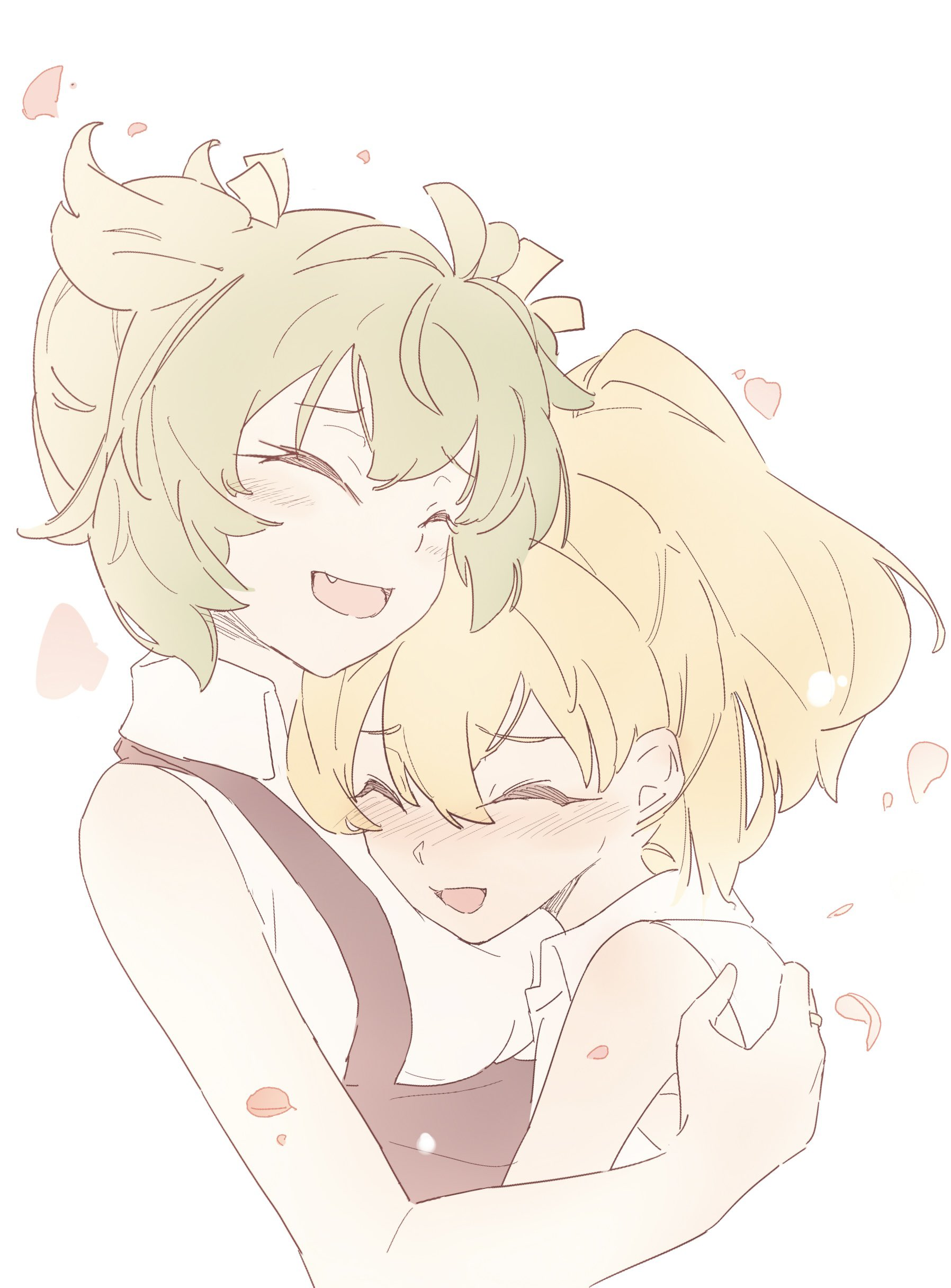 the image depicts two female figures in a warm embrace, rendered in a style reminiscent of anime or manga. one figure, with green hair styled in a whimsical updo, is slightly taller and has a radiant smile. the other figure, sporting blonde hair pulled back into a ponytail, is nestled close, also smiling contentedly with a slight blush. the scene is adorned with delicate petals, suggesting an atmosphere of affection and happiness. the artwork is characterized by soft lines and a gentle color palette, enhancing the overall feeling of tenderness.