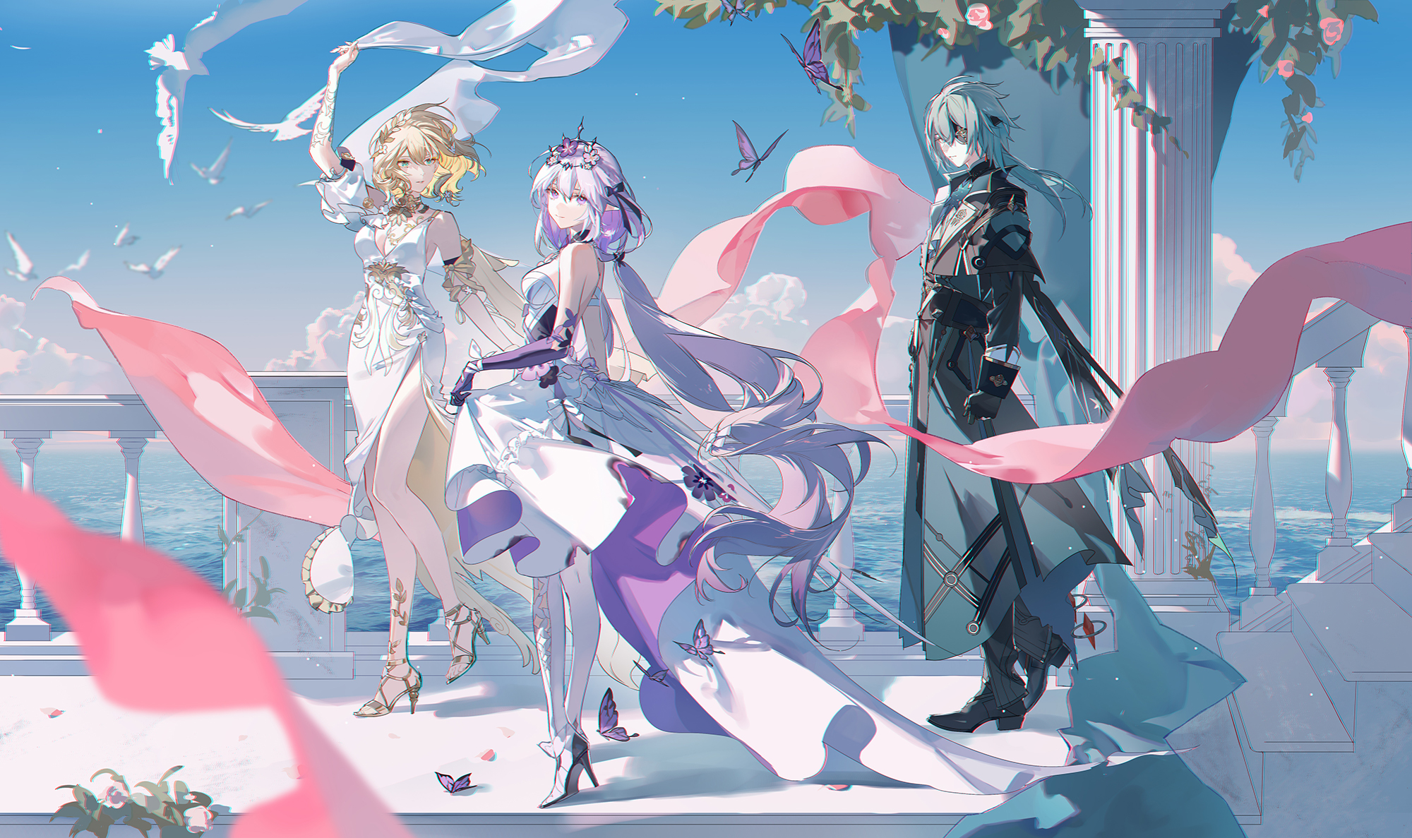 the image features three characters standing on a balcony overlooking the ocean. two women are dressed in elaborate white wedding dresses, one with blonde hair and the other with purple hair, and a man is dressed in a dark coat. butterflies and scarves add to the fantasy atmosphere, while the balcony's architecture complements the serene scene. the style is reminiscent of anime, with a focus on elegance and tranquility.