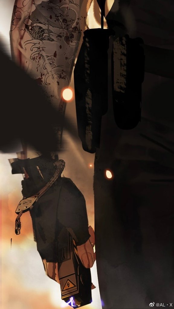 an anime cyberpunk character with a tattoo on their arm holding a futuristic gun that is shooting electricity. the character is shown from the waist up and is wearing dark clothing. the background is a blur of orange and brown.  the art is done in a digital style and has a dark and gritty aesthetic.