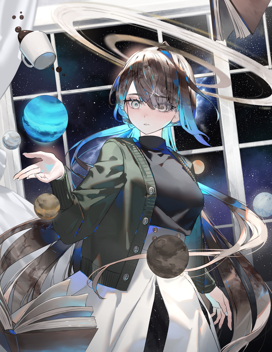 an anime girl stands in front of a window revealing a galaxy background. she wears a green cardigan over a black turtleneck, paired with a white skirt. her brown hair has blue highlights. planets float around her, and an open book is near her. a coffee mug and books float in the air.