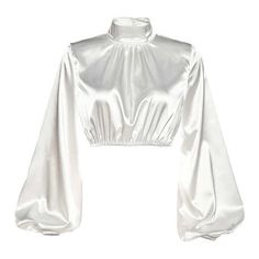a white satin blouse with a high neck and long puffed sleeves. the blouse is cropped at the waist and has a fitted silhouette. the fabric is smooth and luxurious, giving the blouse an elegant look.