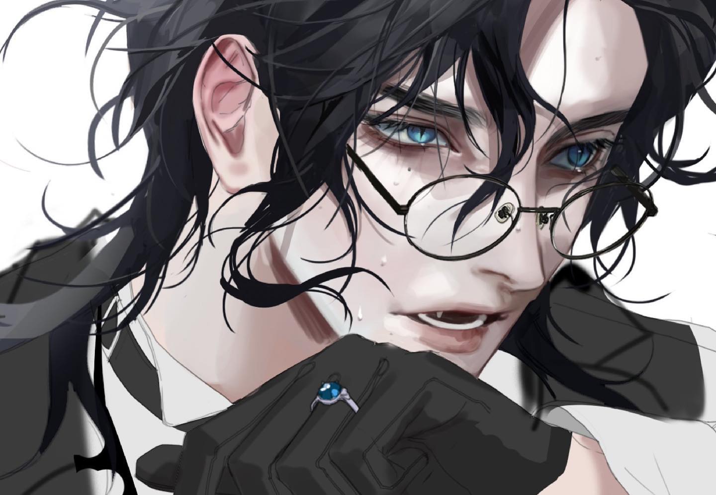 the image is a detailed digital illustration or painting of a young animestyle male character. he has long, dark, windswept hair, striking blue eyes, and is wearing round glasses.  his skin is pale, and he appears to have fangs, suggesting a vampirelike aesthetic. he's wearing a darkcolored jacket, a white collared shirt visible underneath, and black gloves. a ring with a dark blue stone is visible on his left hand. the style is sophisticated and dramatic, with a focus on sharp features and a slightly melancholic expression. the overall mood is mysterious and elegant. the art style is reminiscent of both anime and manga, with a slightly more realistic approach to the shading and textures than in typical anime.
