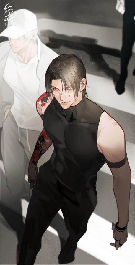 a man with black hair and black clothing looks forward with a cool expression. he has a tattoo on his arm. he stands on a street background. this is a digital illustration.