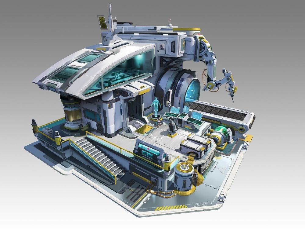 this is a digital illustration of a futuristic medical laboratory. it is a multilevel structure with clean white and gray tones highlighted with yellow accents. there's a robotic arm extended outside the building, possibly performing surgery on a subject strapped to the operating table. inside, there are more machines and computer monitors suggesting ongoing research.  a holographic figure stands in the center of the room. the image gives the sense that this is a cuttingedge facility dedicated to advanced medical procedures and research.