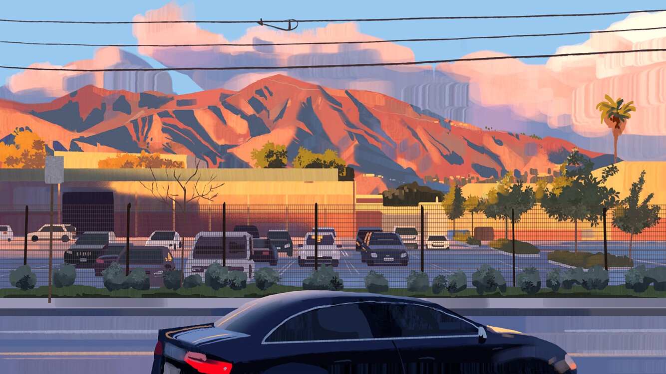 a digital art illustration of a parking lot in a city with a sunset sky and mountain range in the background. there are cars parked in the lot, and the sun is setting behind the hills. the sky is a vibrant mix of orange, pink, and purple, with a few wispy clouds. the buildings in the background are a yellow color, and the trees are a dark green. there is a fence surrounding the parking lot, and a black car is driving in the foreground, heading towards the viewer.