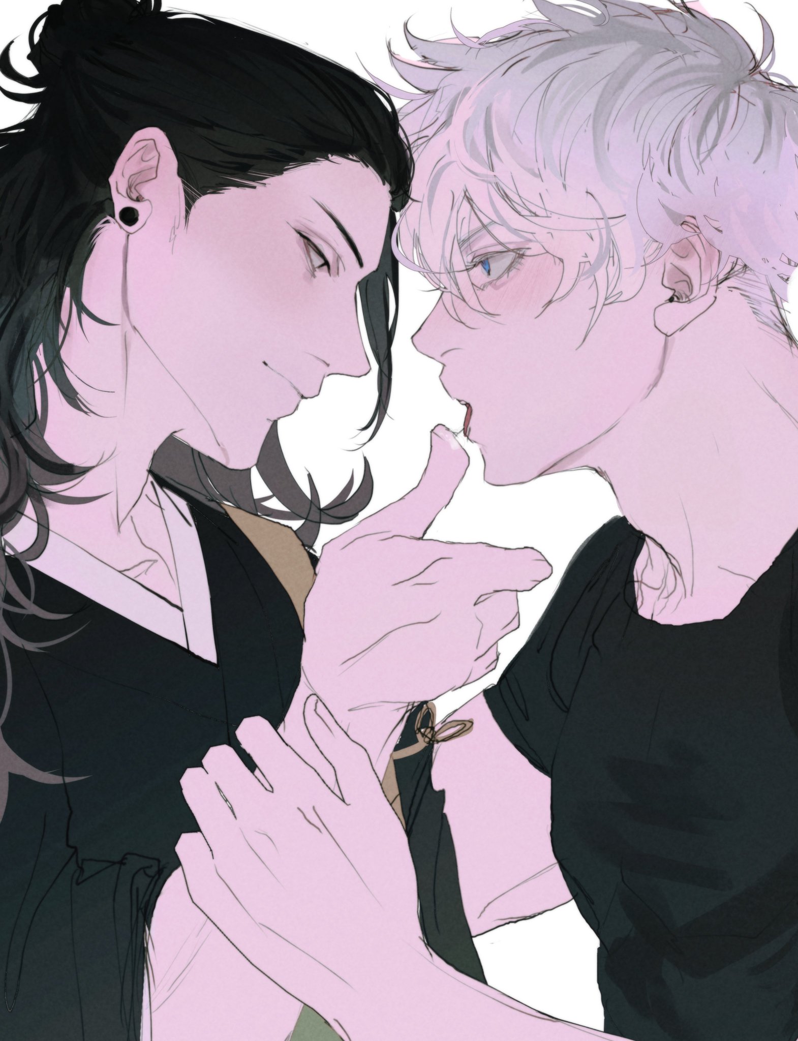 the image features two young characters, one with black hair and the other with white hair. they are depicted in a romantic embrace, with the blackhaired character leaning towards the whitehaired one. both characters have a soft, delicate appearance. their faces are close together, their eyes meet and there is a hint of a kiss about to happen. the image evokes feelings of affection and intimacy, showcasing a close bond between the two characters. the art style is animeinspired, with delicate lines and soft colors. the background is a simple white, allowing the focus to remain on the characters. overall, the image is a beautiful and intimate depiction of two characters in love.