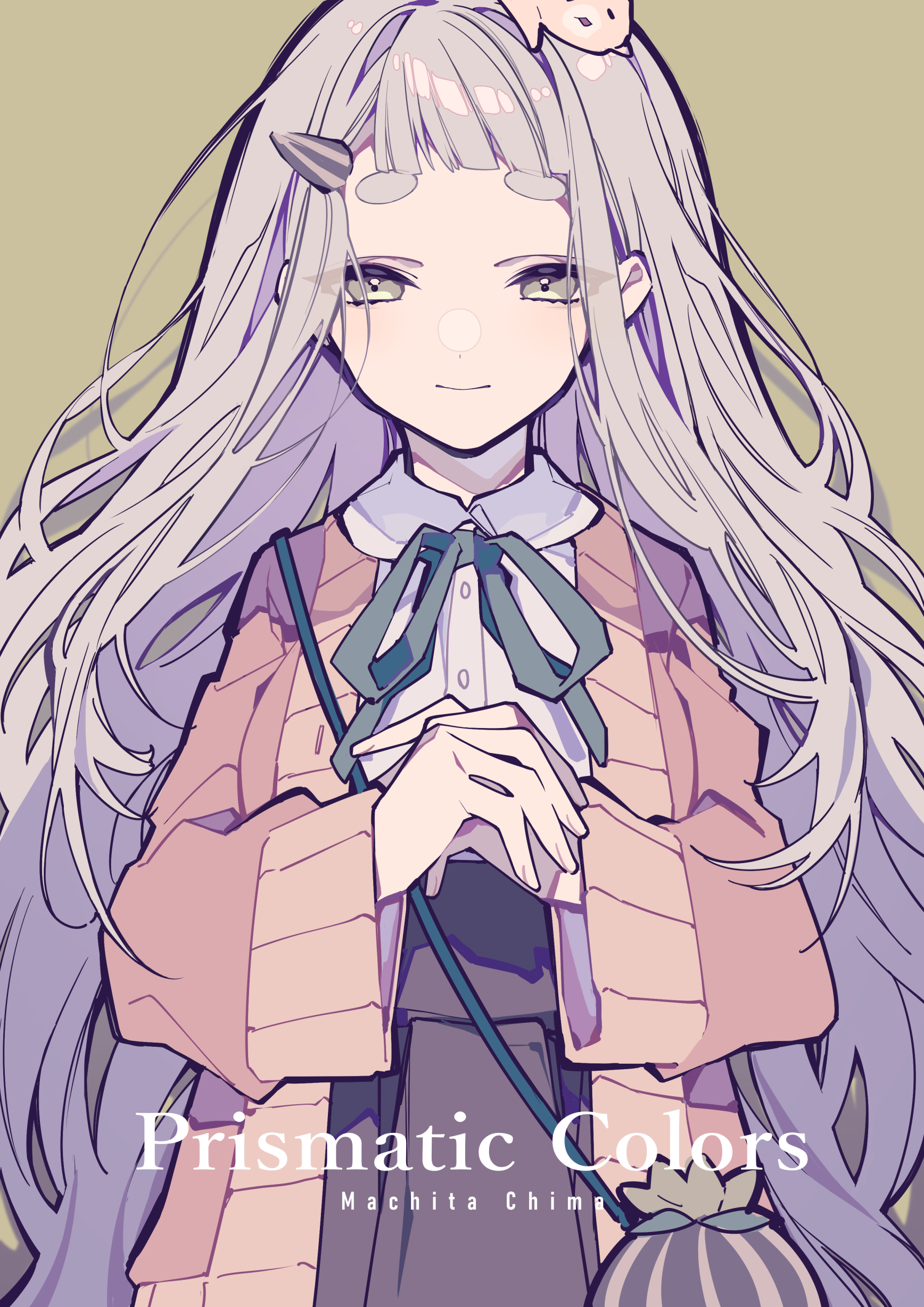 the image is a digital illustration of an anime girl with long, flowing silver hair and light green eyes. she is wearing a pink jacket over a collared shirt with a bow. she has a hair clip in her hair and is holding her hands clasped together. she is also carrying a purse with a shoulder strap. the illustration is signed "machita chima" and includes the title "prismatic colors".