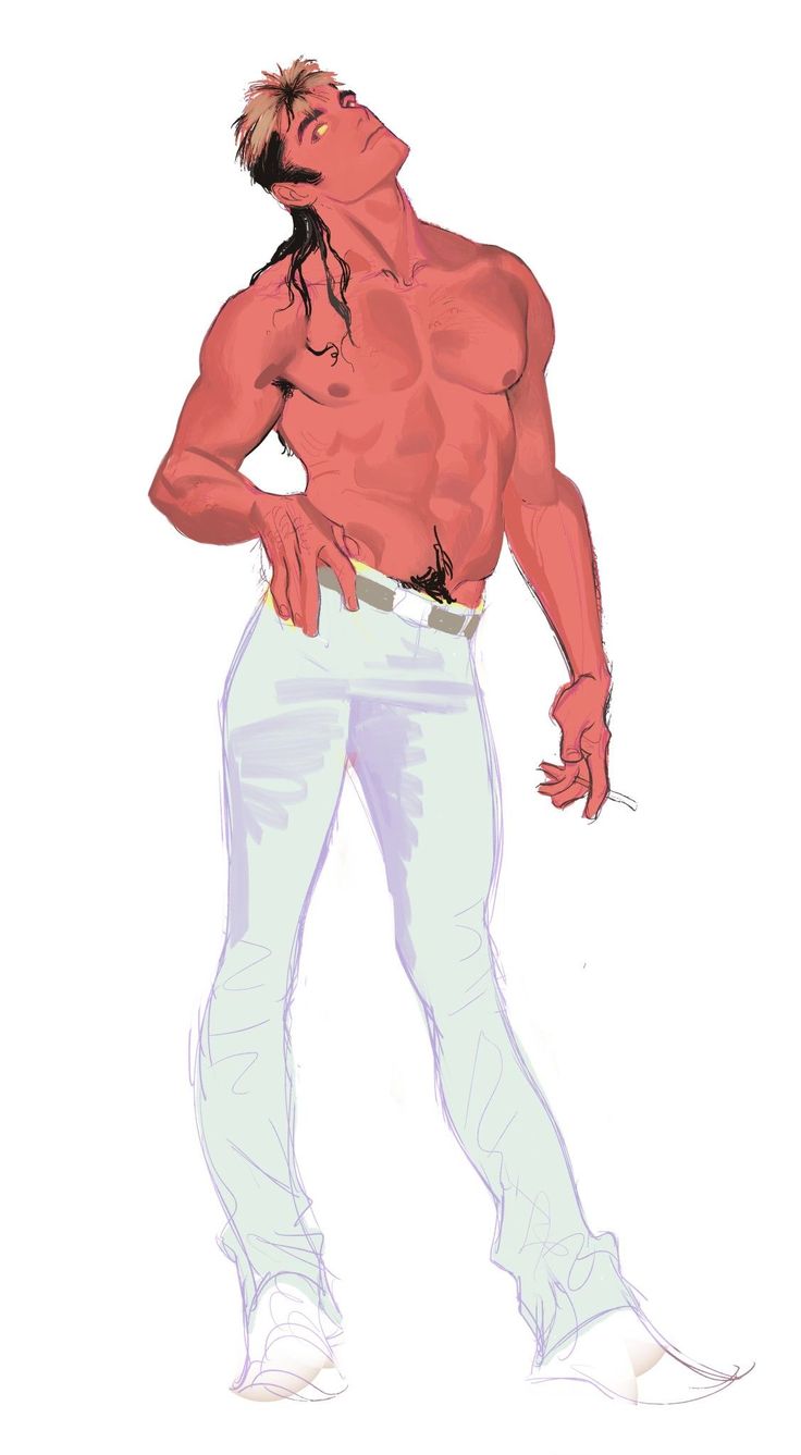 the image is a digital drawing or painting of a muscular, redskinned man with spiky blond hair. he is standing in a relaxed pose, looking upward, with one hand on his hip. he is wearing lightcolored pants and sneakers. the style is somewhat minimalist, with loose lines and soft colors. the overall impression is one of a stylized character from a comic or animation.