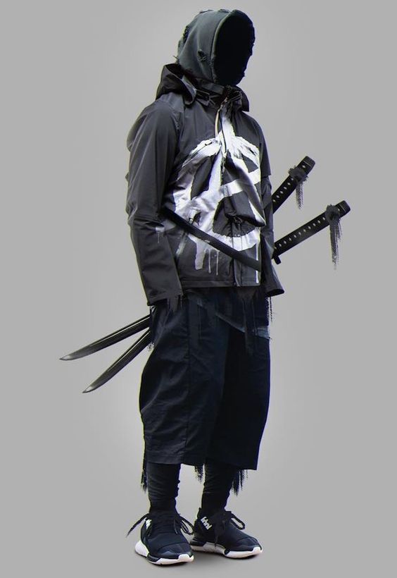 a person wearing a black and white streetwear outfit. the outfit includes a black hoodie and jacket, black pants, black sneakers, and a pair of katana swords strapped to the back. the person is standing and facing the camera, with their face obscured by the hood. the background is a solid grey color.