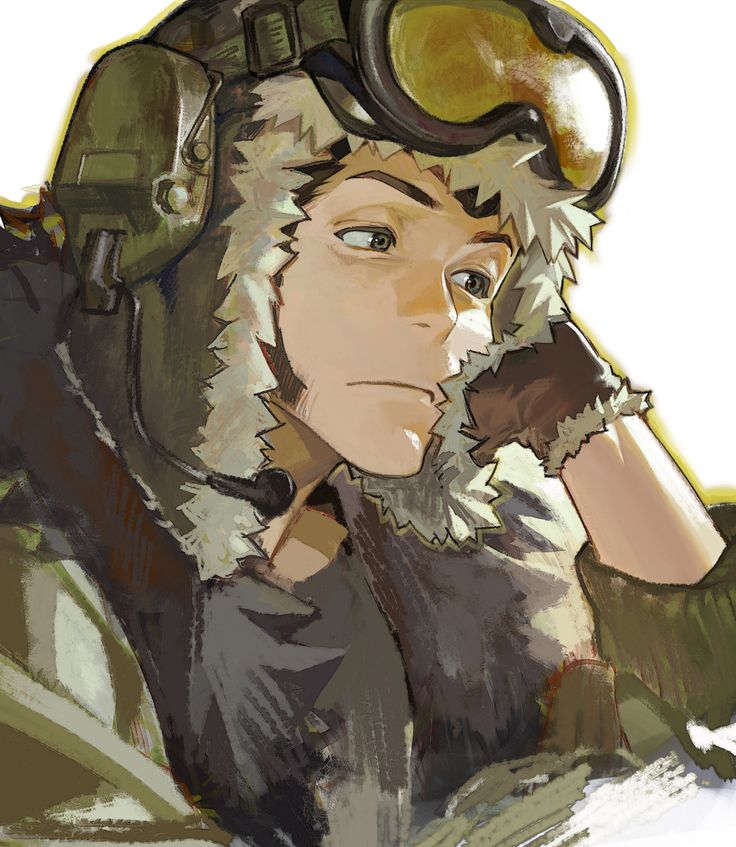 a young male anime character wearing a military helmet and furlined jacket, looking thoughtful. he has short, brown hair and is wearing goggles. the drawing is stylized, and the character is depicted in a serious mood. the image appears to be a digital illustration.