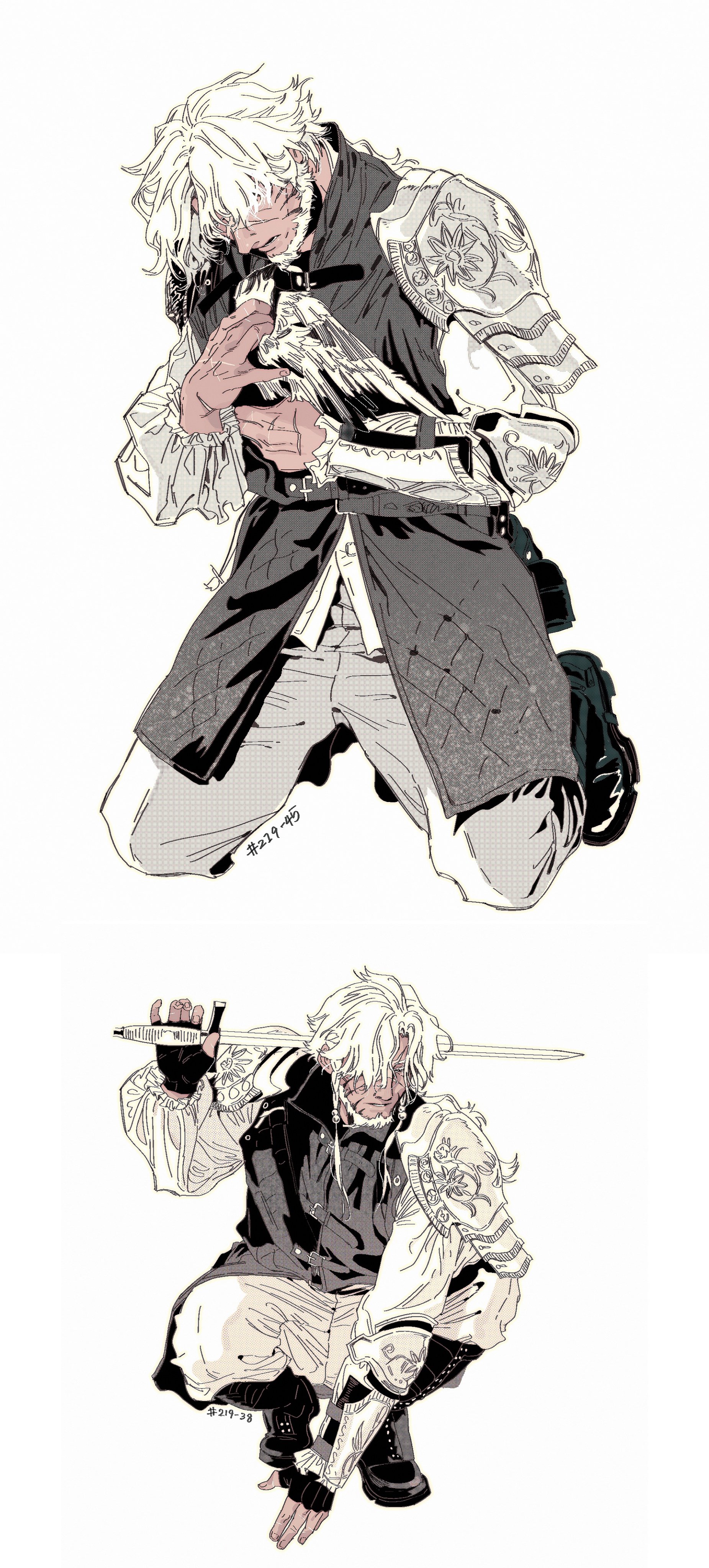 this is an image of a man in armor kneeling with a sword in his hand. he has white hair and a determined expression on his face. the image is drawn in a style similar to manga or anime.
