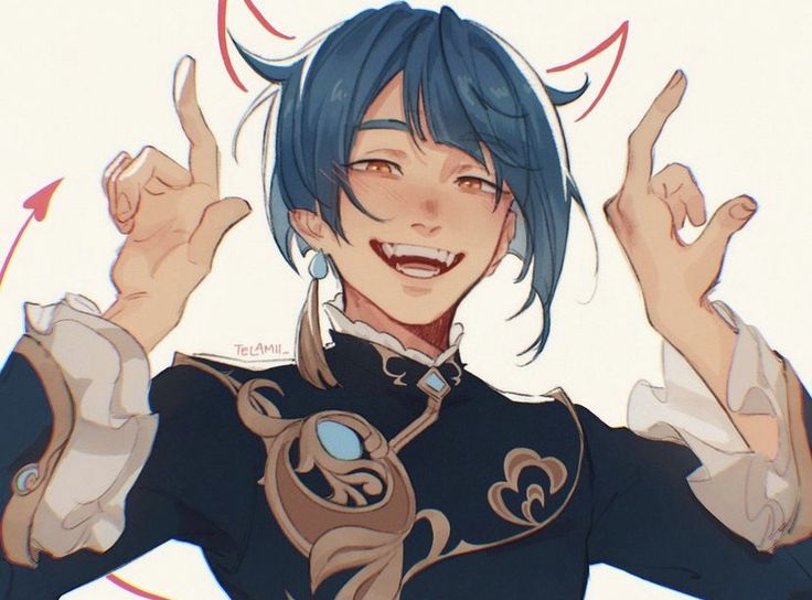 this is a digital illustration of a cute anime male character. he has blue hair, red eyes, and horns. he is smiling happily and appears mischievous. he is wearing a blue and gold outfit. he is standing with his hands raised in the air, as if he is about to pull a prank or cause trouble. the artwork is done in a cute and adorable style.