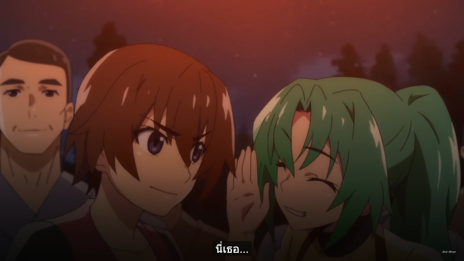 a closeup shot of an anime couple at a festival at night. the girl is whispering in the guy’s ear, while he smiles.  the background is out of focus and features a night sky, trees, and the back of a man's head.