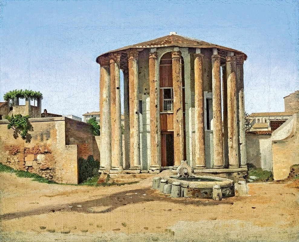 the image is a painting of the temple of vesta in rome. the temple is a round building with a colonnade and a fountain in front. it is surrounded by a courtyard and other buildings. the sky is blue and there are clouds in the distance. the painting is in a classical style and captures the grandeur of the ancient roman ruins.