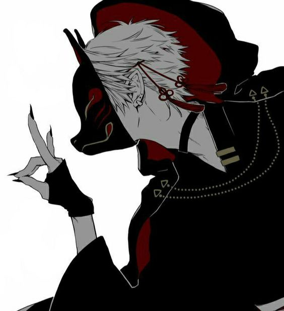 this is a digital drawing of a young man wearing a red and black kitsune mask. he has white hair and is wearing a black outfit with gold accents. the drawing is from the waist up and shows him from the side, with his left hand raised. the style of the drawing is animeinspired.
