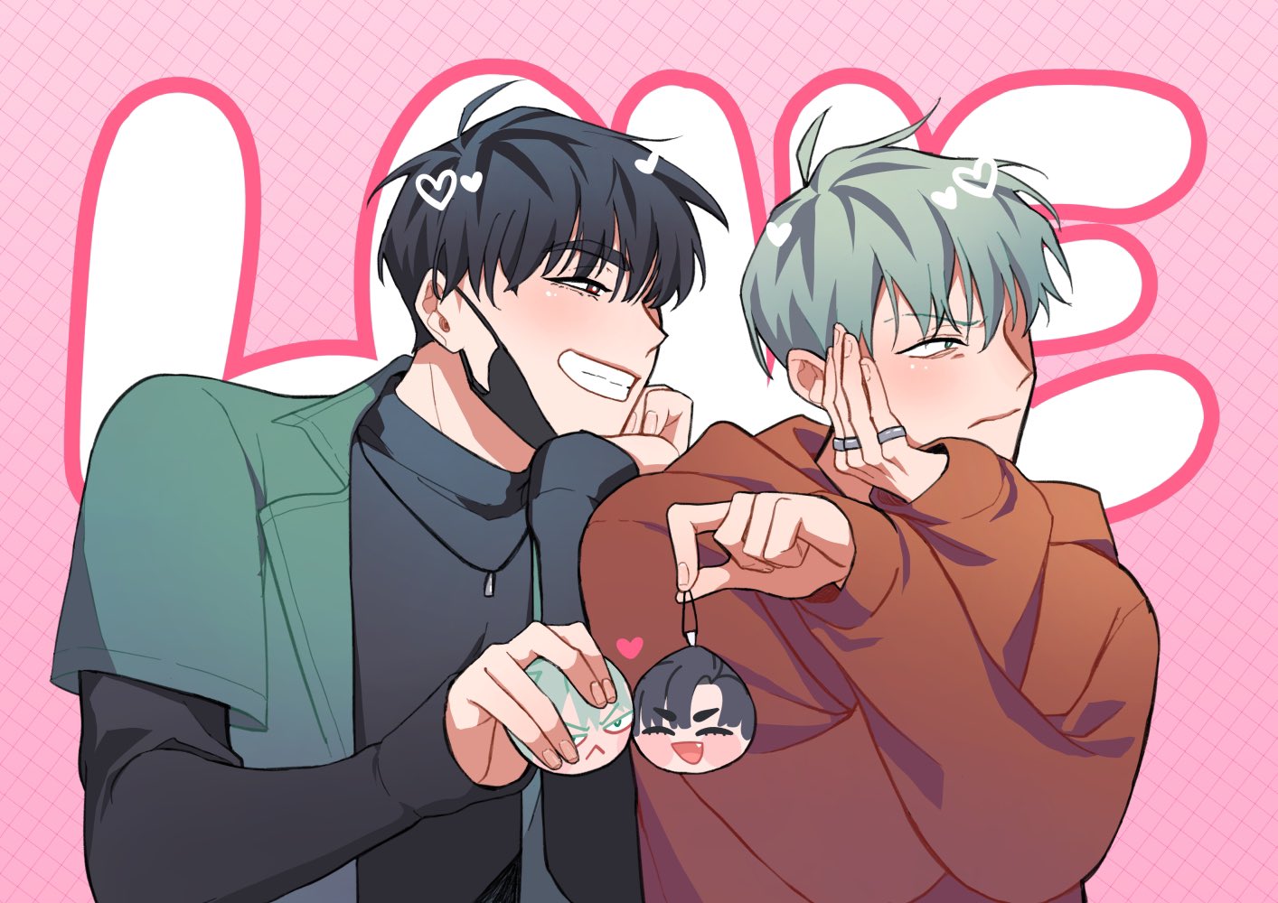 the image shows two anime boys smiling and looking at each other. the boy on the left is wearing a green jacket and a black turtleneck, and the boy on the right is wearing a brown sweater. the boy on the right is holding a mochi plush toy that is smiling. both boys are wearing heartshaped earrings. the background is pink with white hearts.