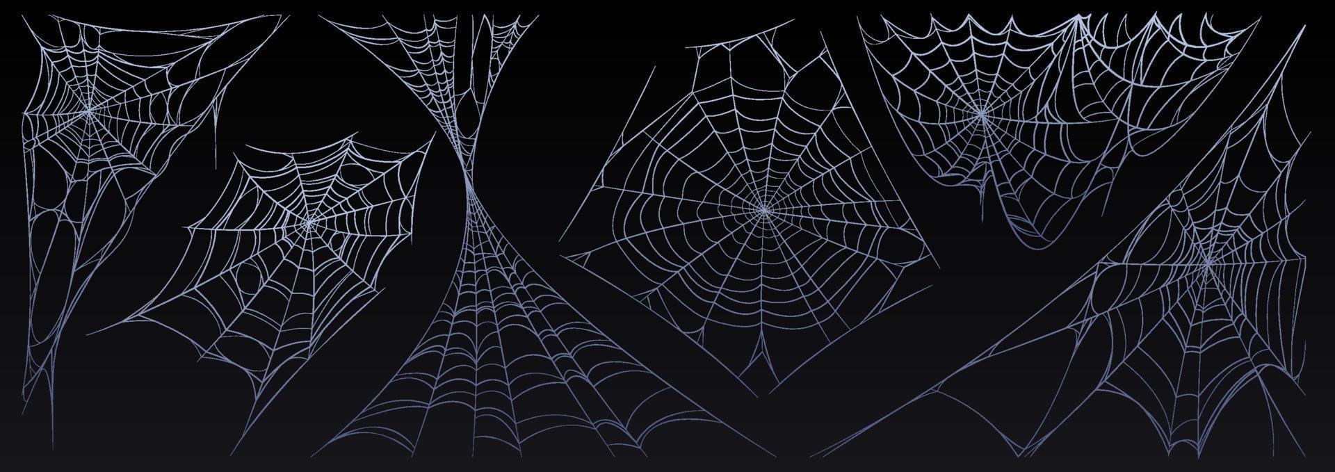 the image shows a collection of spider webs in various shapes and sizes against a black background. these webs evoke a spooky or halloweenthemed feel due to their isolated, tangled, and fragile appearance.