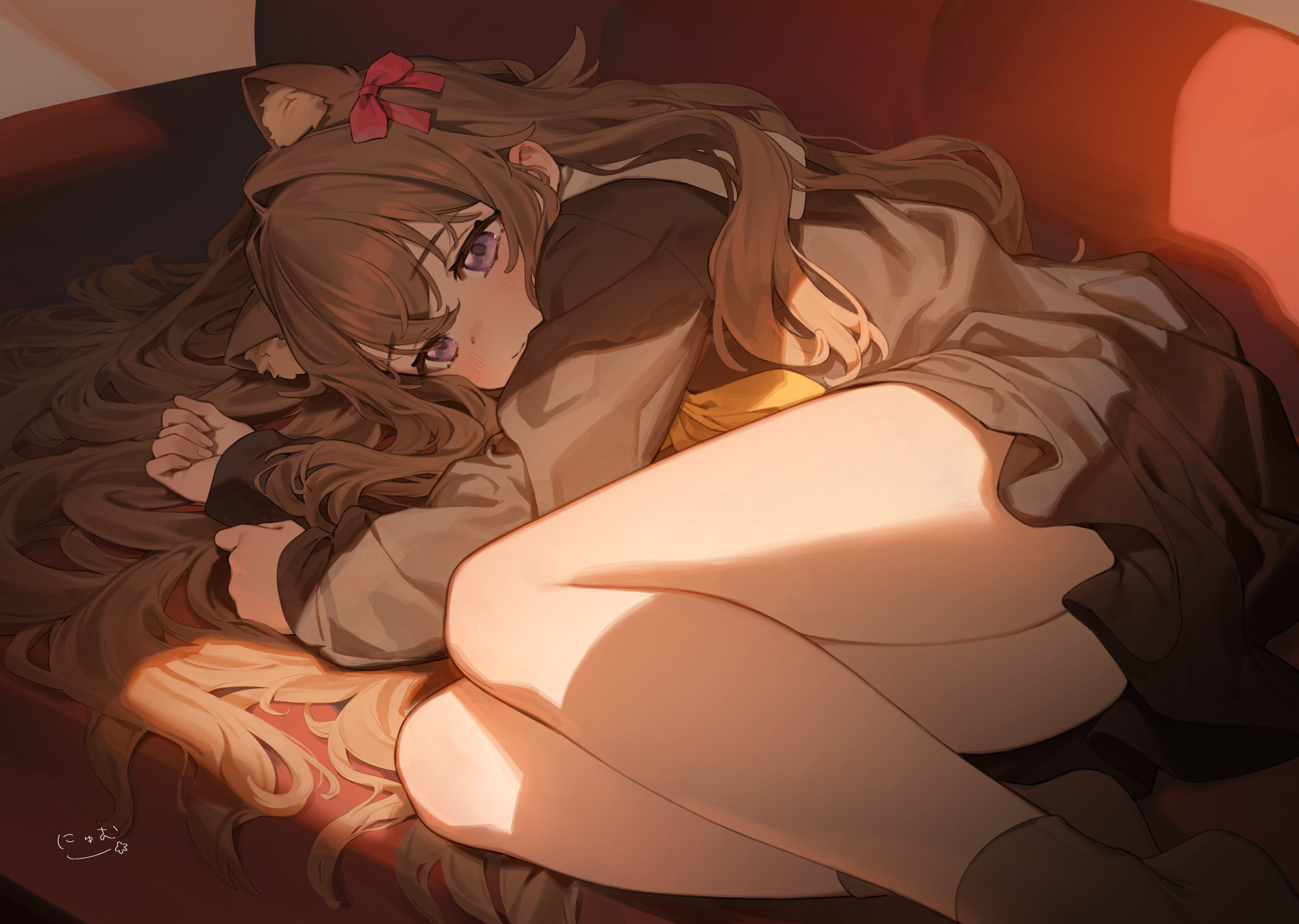 the image is a digital painting or illustration of an animestyle girl. she has long brown hair with cat ears and a red bow. she's wearing a school uniformlike outfit and has purple eyes. she is lying down on a couch or bed, with her legs curled up and her hair spread out around her. the lighting is warm and soft, suggesting a cozy and comfortable scene. the art style is detailed and sensual, focusing on the girl's body and expression.  the overall mood is peaceful and slightly melancholic.