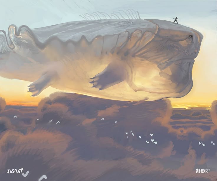 a digital painting or illustration depicts a gigantic, whalelike creature floating in the sky above a landscape of clouds during a sunset. a small figure of a person stands on top of the creature. the art style is reminiscent of a fantastical, aerial scene. the creature has an ethereal quality and is illuminated by the warm colors of the setting sun. the artwork is credited to dontnod, and is part of jusant.