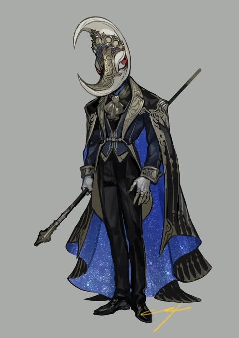 a fullbody illustration shows a humanoid character with a crescent moonshaped mask over their face, wearing formal dark academia attire. they wear a dark blue suit with a cape that has a starry blue lining. the character holds a staff and has graytoned skin.