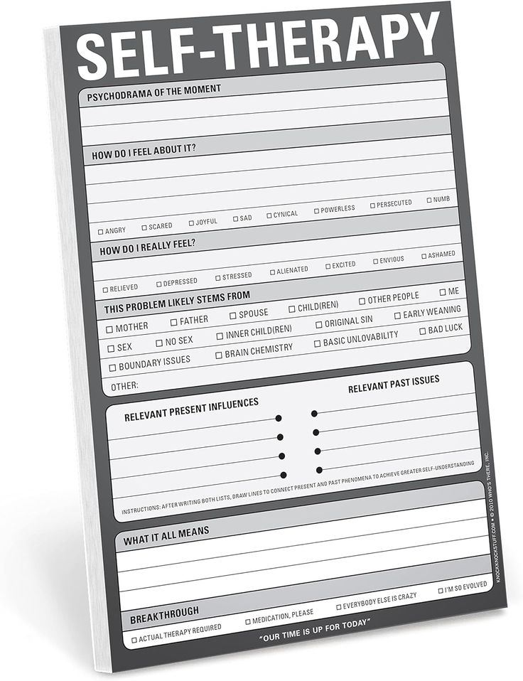 the image shows a gray scale selftherapy questionnaire from knock knock stuff, designed as a checklist. it includes sections for identifying feelings, the origins of problems, relevant present and past influences, and potential breakthroughs. the questionnaire provides a structured approach to selfreflection.
