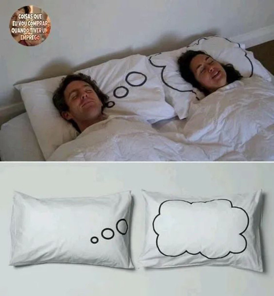 the image shows a humorous take on dreaming. in the top image, two people are asleep in a bed, with their heads on pillows that have thought bubbles on them. the bottom image shows two pillows side by side. the pillow on the left has a thought bubble with three circles in it, while the pillow on the right has a larger thought bubble with a curvy shape. this imagery is a funny way to represent the different things that people think about when they are asleep.