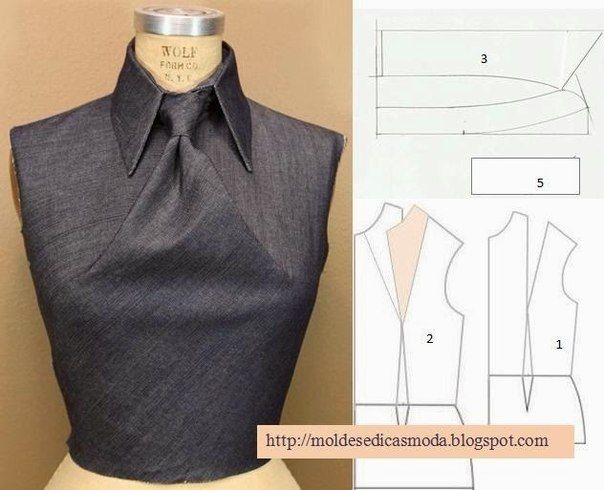 a denim colored blouse with a high, gathered collar is displayed on a dress form to the left and sewing patterns for the blouse are shown on the right. the patterns are labeled with the numbers 1, 2, 3, and 5. a blogspot url is shown in the lower right.