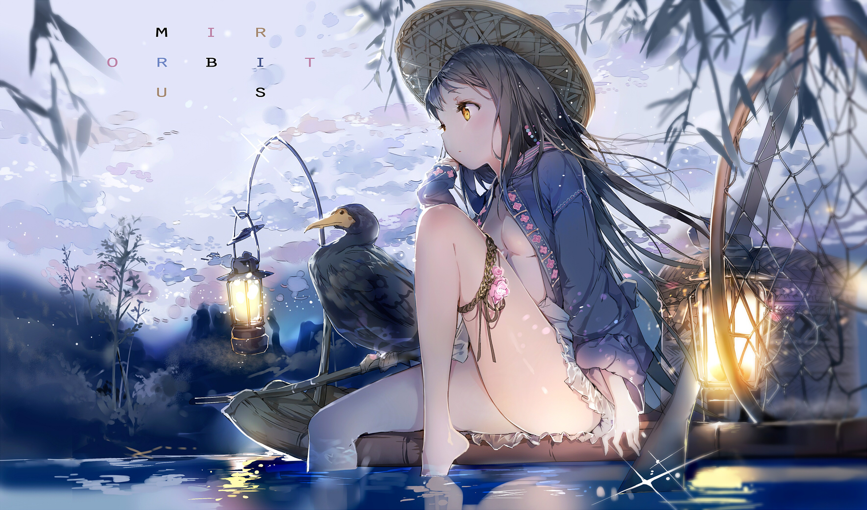 the image is a digital painting or illustration depicting a young anime girl with long dark hair sitting on a small boat on a serene lake at twilight. she's wearing a blue, asianinspired jacket and hat, and has striking yellow eyes.  a cormorant sits perched nearby.  two lanterns illuminate the scene softly, creating a warm, magical ambiance. the overall style is dreamy, ethereal, and detailed with soft, flowing lines and a soft color palette. the background shows a calm lake, with reflections on the water, and trees in the distance under a twilight sky. the text "mirbitus" is subtly placed in the upper left corner. the overall mood is peaceful and somewhat mystical.