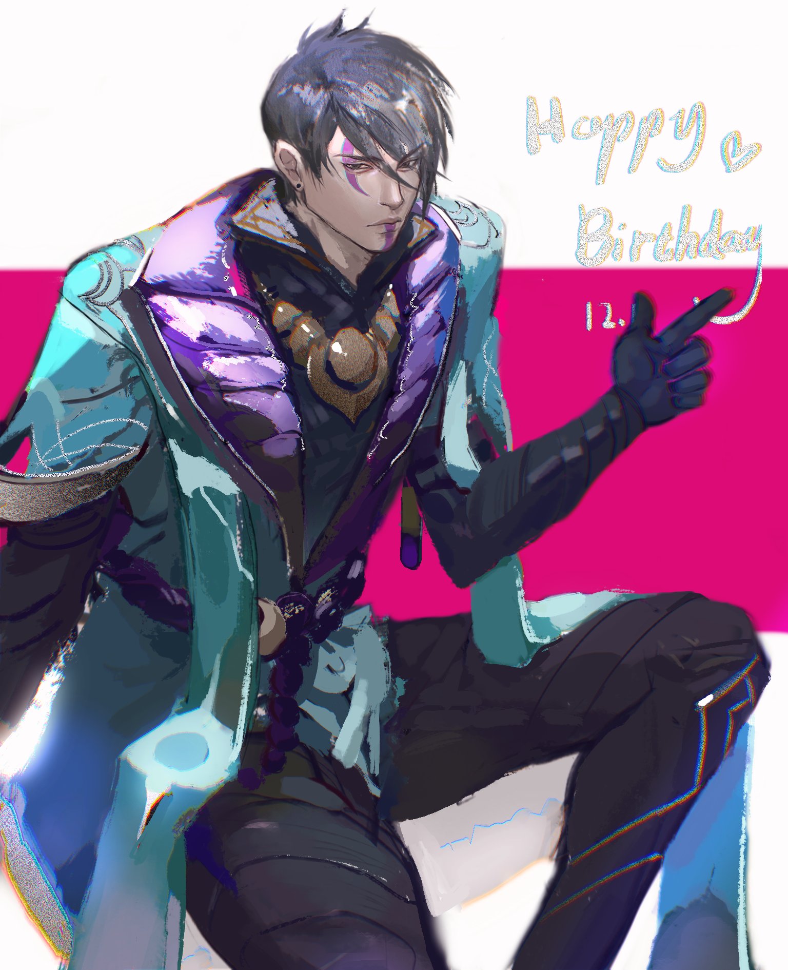this is a digital illustration of a male anime character with blue hair, wearing a teal and purple outfit. he is sitting on a white surface and pointing his finger at the text, which says "happy birthday" with a heart.