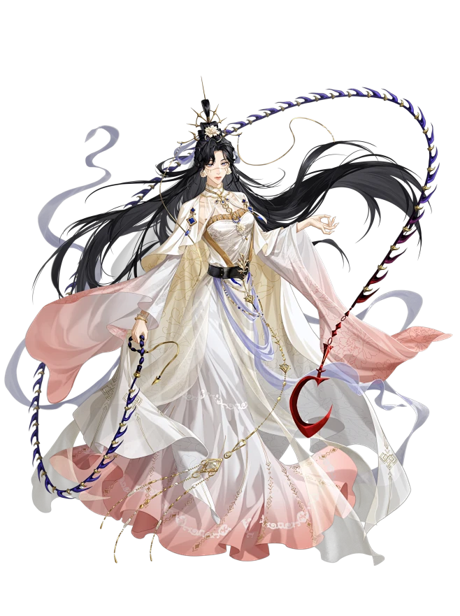 a female character with long, flowing black hair and a regal air stands against a black background. she wears an elaborate white and gold dress with flowing sleeves and sheer overlays. celestial motifs like moons and stars adorn her attire and jewelry. she holds a red and blue whiplike weapon that ends in a crescent moon. the overall aesthetic suggests a powerful, possibly magical figure from a fantasy setting, possibly inspired by chinese mythology.