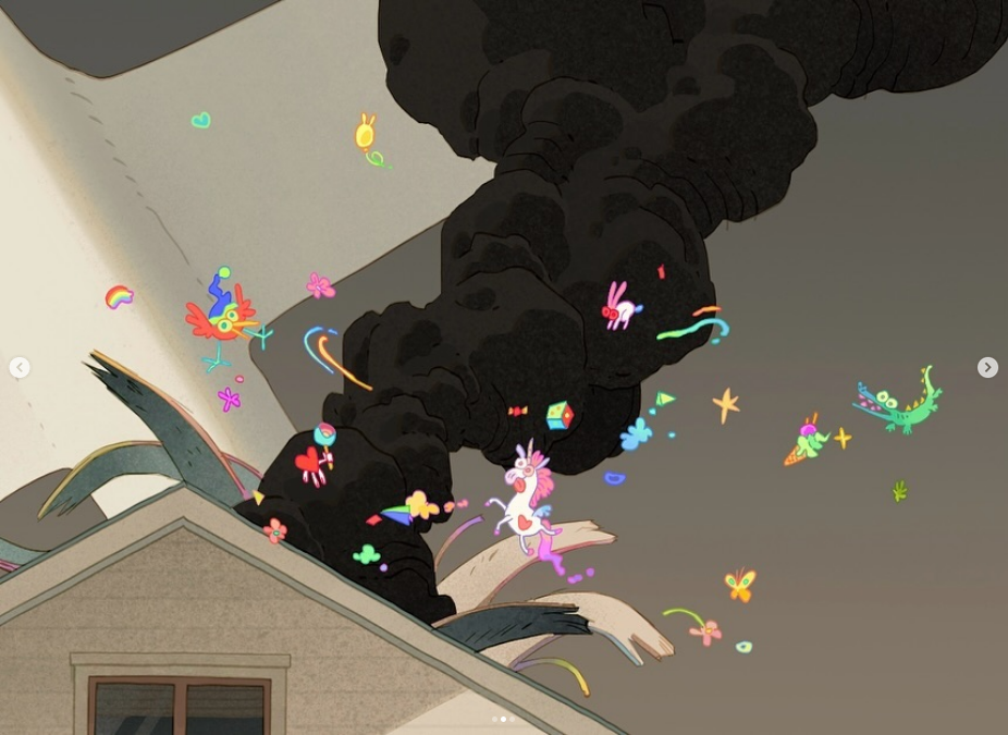 a cartoon image of a house with a large black cloud of smoke billowing from the roof. the smoke is full of whimsical cartoon characters, including a unicorn, a bird, a crocodile, and other colourful figures. the house has a window and is partially destroyed by the smoke and fire. the background is a light gray.