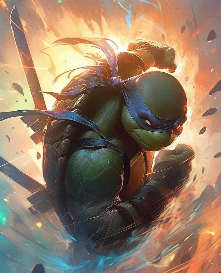 this is a digital illustration of leonardo, a teenage mutant ninja turtle. he is wearing his blue mask and is holding two katana swords in his hands. he is in a fighting stance, midaction, with a fierce expression on his face. the background is a blur of orange, yellow, and blue colors, suggesting he is in the midst of a battle. the artwork has a comic book style and is full of dynamic energy and action.