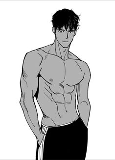 a black and white sketch of a muscular man with dark hair. he is shirtless and wearing black athletic pants. the drawing style is typical of manga or manhwa.