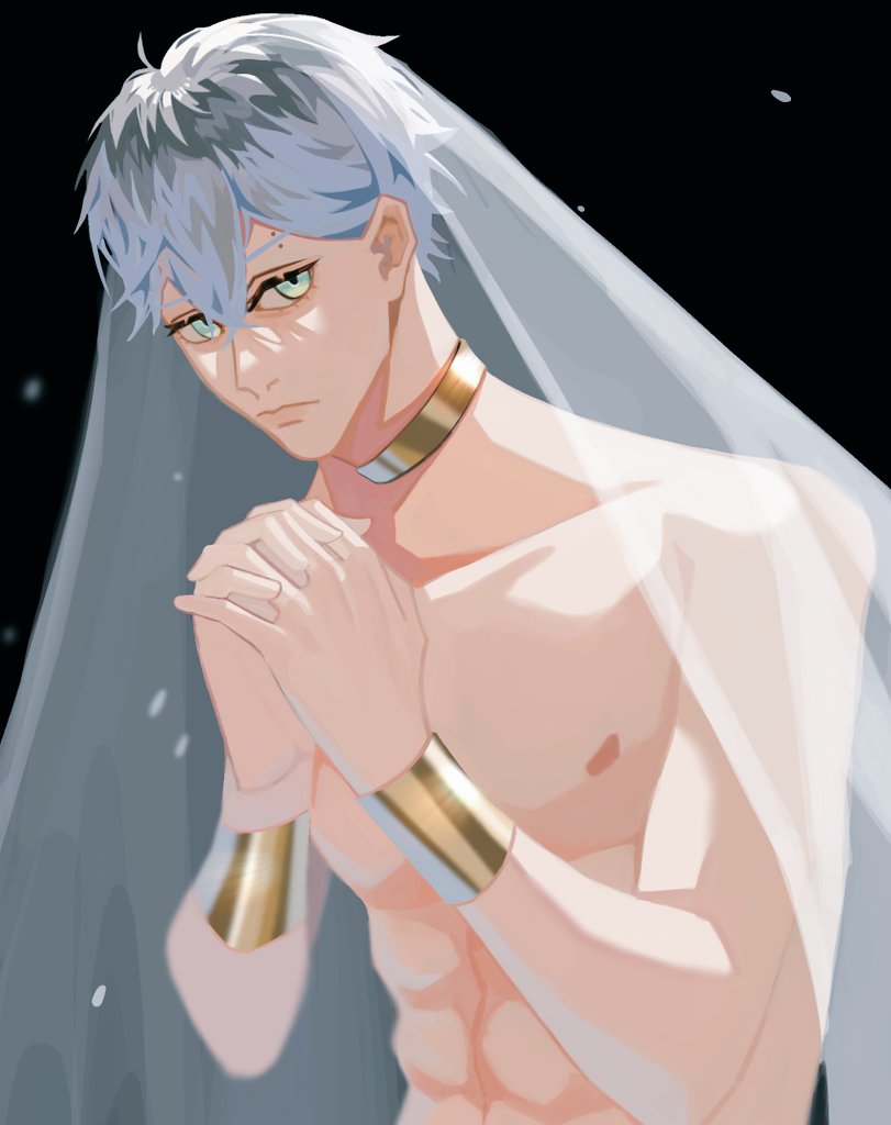 a handsome anime male with silver hair, blue and green eyes, wearing a white veil, a gold necklace and bracelets, with his hands clasped together in a prayerful pose. he has a toned and muscular chest, and his eyes have a serious, almost melancholic expression. the image is rendered in a digital art style, with soft shading and vibrant colors.