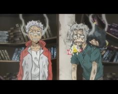 two men, seemingly bruised and worse for wear, stand among bookshelves in a bookstore. they're surrounded by smoke, possibly from a fight. the overall color palette is muted, reflecting the aftermath of a conflict.