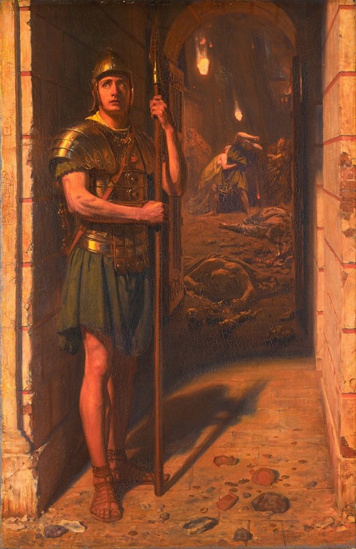 the painting depicts a roman soldier standing guard in a doorway, with a scene of destruction and chaos visible behind him. the soldier is wearing armor and a helmet and holds a spear. the scene in the background shows dead bodies, debris, and what appears to be a disaster taking place, potentially depicting the destruction of pompeii or a similar event. the lighting and composition suggest a moment of both protection and impending doom.