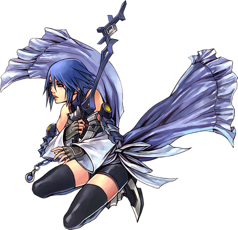 a bluehaired animestyle girl in a white dress is kneeling and holding a sword. she is facing the left side of the frame and looking down with a melancholic expression on her face. the background is black.